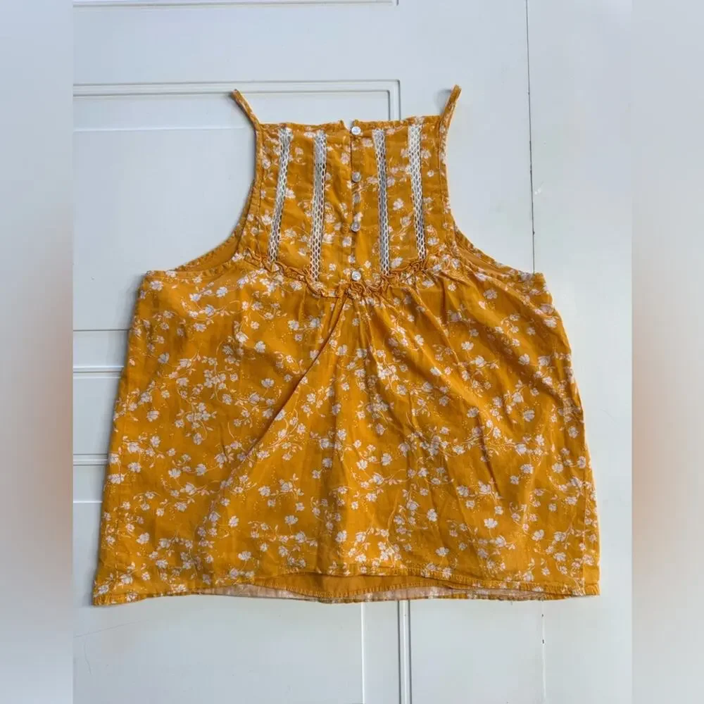 Anthropologie Maeve Martell Yellow Floral Mesh High Neck Tank Top Blouse Size S - Picture 5 of 6